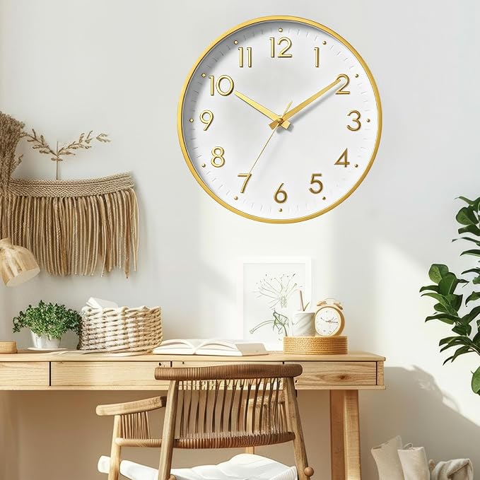 Mosewa Small 8 Inch Wall Clock Battery Operated Silent Non Ticking Analog | White Gold modern clock; oversized 3D easy-read dial for kitchen, bedroom & office; 1 AA battery (not included)