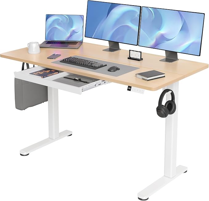 Claiks Electric Standing Desk with Drawers, 55x24 Inch Natural | Sturdy steel frame, 176 lbs capacity, 28.35 to 46.46 inch height range, 45 dB motor, 3 preset buttons, 2 hooks