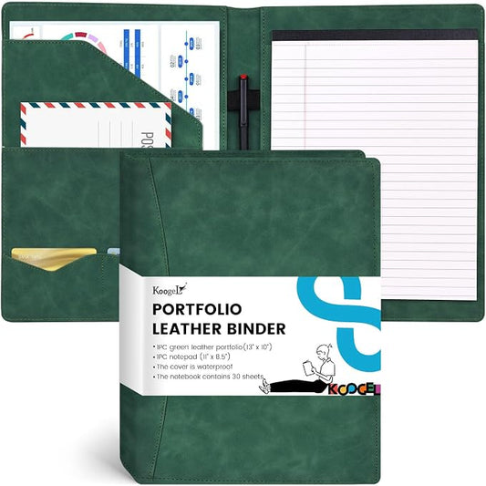 Koogel Padfolio Portfolio Folder, Leather Clipboard Portfolio Binder 13x10 inch Legal Writing Pad for Document Organizer Business Notepad Clip Boards for Office School Conference Meeting, Dark Green