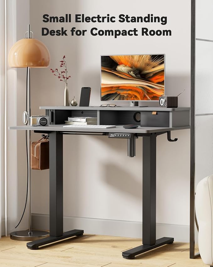 JOY worker 35" Electric Standing Desk Height Adjustable with Storage Shelf | Grey 35" x 25" Height Adjustable Desk for Small Space, Shutter Door & Drawer, Sit Stand Table with 2 Hooks for Home Office