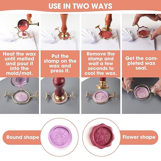 Yelsky Wax Seal Kit with 1 Inch Wax Stamp - 2 Metal Seal Molds with Round Flower Shape, Silicone Mat for Wedding Invitations, Gift Wrapping, Envelopes, Cards & Wine Packaging
