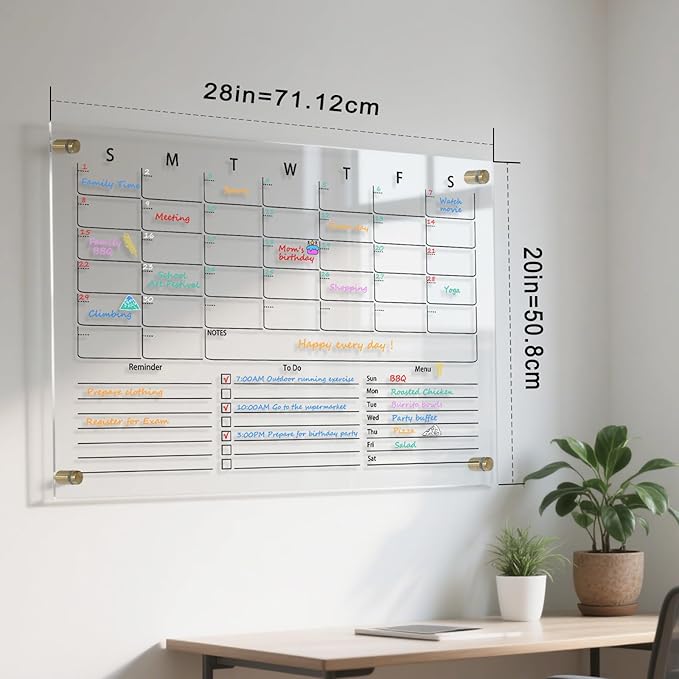 IJIJIJ- 28×20” Clear Acrylic Calendar for Wall, Acrylic Wall Calendar Dry Erase Board, Reusable Monthly Whiteboard, Family Planner for Wall with 8-Color Markers, Perfect for Home, Office & Classroom