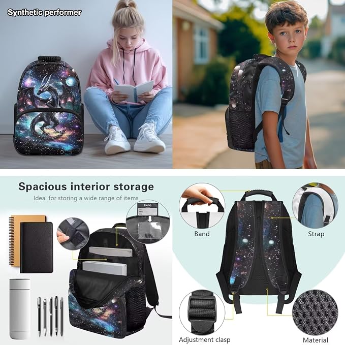 Black Dragon Backpack for Boys Girls Ages 7-10, Starry Night Elementary School Bookbag with Lunch Box 4 PCS Set, 17" H for Kids Back to School Supplies