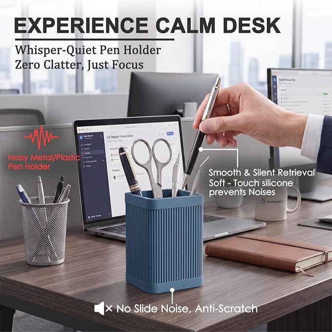 HighHerz Aesthetic Pen Holder For Desk, Modern Silicone Pencil Holder, Stylish Office Desk Decor, Made of 5 mm Thickened Premium Silicone, Office Desk Organizer And Accessories (Dark Blue)