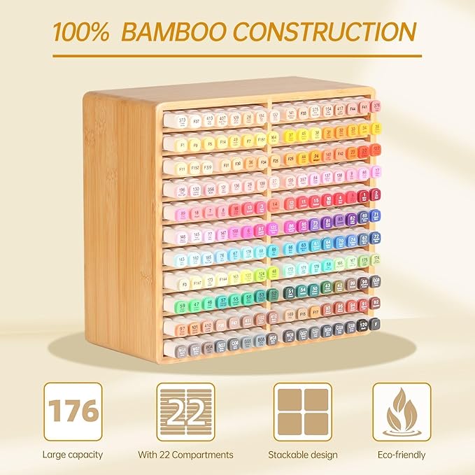 walowalo Marker Organizer Hold 176 Markers Alcohol Marker Storage Bamboo Pen Holder Art Supply Pencil Storage Organizer Gift 22 Compartments All-in-One Marker Storage for Home Office Desk Classroom