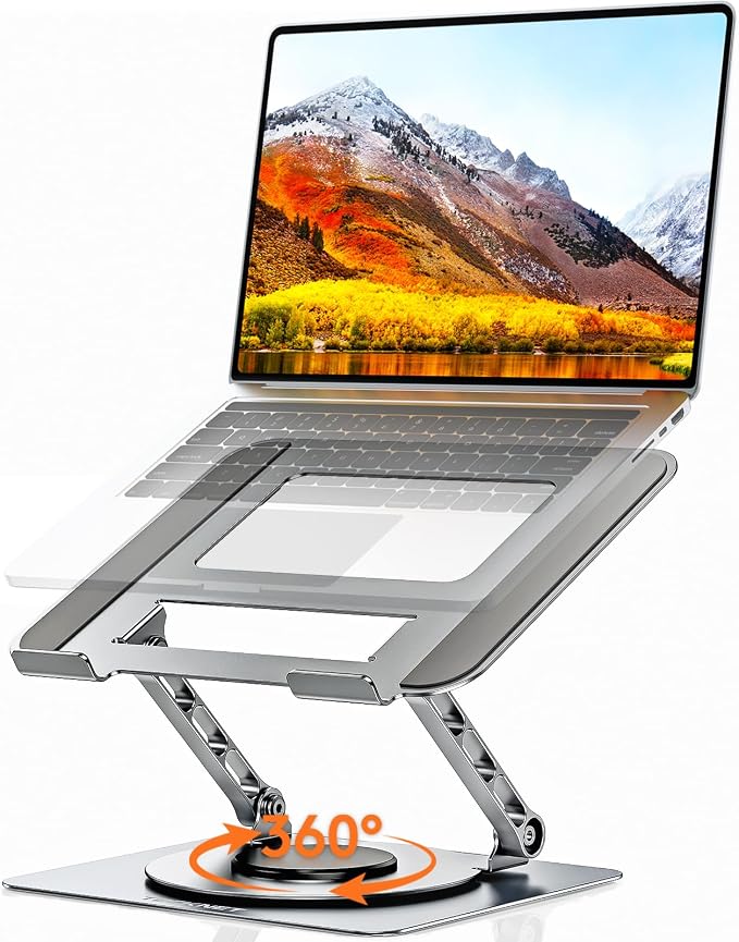 TECKNET Laptop Stand for Desk - 360° Rotating Base, Ergonomic Foldable Computer Stand for Laptop Riser, Height Adjustable, Compatible with MacBook Pro, Dell XPS, HP, and All Laptops 10-17" (Silver)