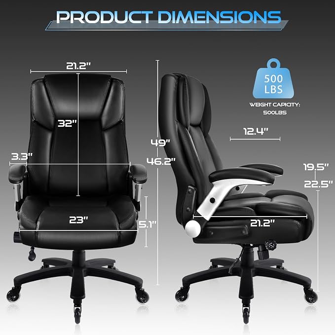 VITESSE Large Heavy Duty Office Chair 600lbs with Flip up Armrest, Big and Tall Chair with Ergonomic Lumbar Support, Leather Office Chair for Heavy People with Quiet Rubber Wheel (Black)