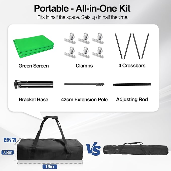 5x7ft Green Screen Backdrop Kit with Stand, Portable Greenscreen Background Includes Foldable T-Stand, 6 Clips and Carry Bag for Streaming, Gaming, Meeting, Video Production, Photography