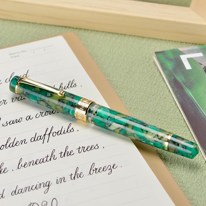 Asvine P20 Piston Fountain Pen Green Marble Acrylic, Medium Nib Gold Trim Smooth Writer Collection with Case Set