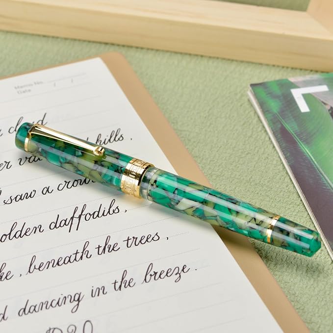 Asvine P20 Piston Fountain Pen, Stub Nib 1.1mm Calligraphy Art Drawing Green Marble Acrylic with Case Set