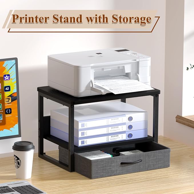 MARTY Desktop Printer Stand with Storage Drawer, Printer Riser for Desk | 2 Tier Printer Shelf, Small Printer Table for Home Office, for Fax Machine Copier Scanner, Desk Organizer, 17.1"x12.4", Black