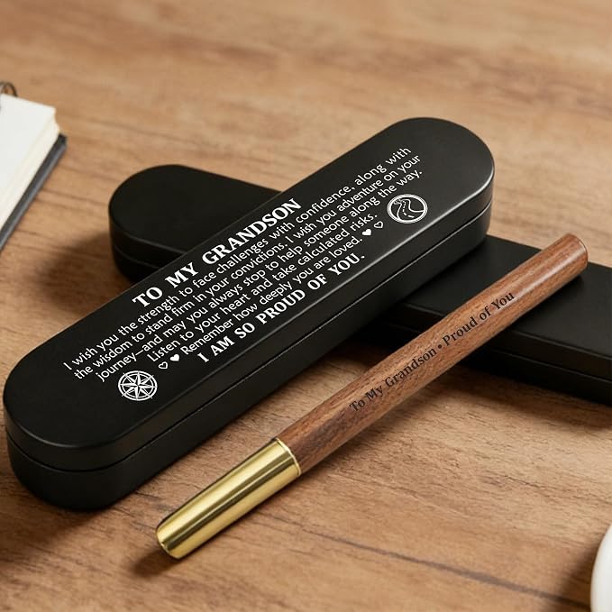 ABNTY Grandson Gifts from Grandparents, Class of 2026 Graduation Gift, Custom Engraved Wooden Gel Pen with Brass Cap, Perfect Grandson Keepsake Gift