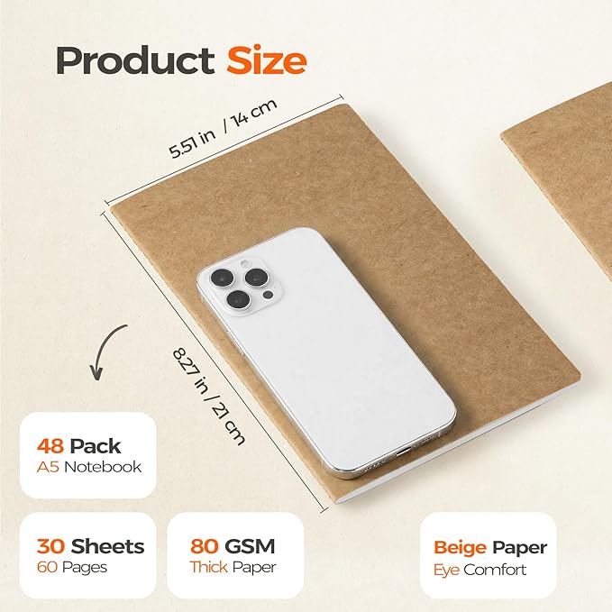 48 Pack Blank Kraft Notebooks A5, Bulk Unlined Journals, 80gsm FSC-Certified Paper, 60 Pages, 8.3x5.5 Inches, Softcover Composition Notebooks for School Classroom Office Supply