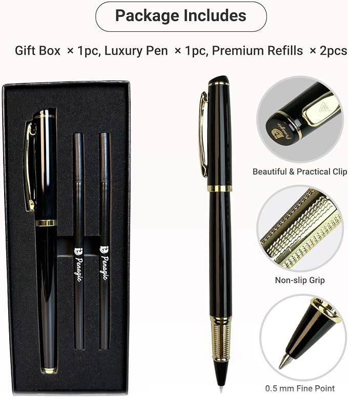 Penagic Luxury Pen, 0.5 mm Black Ink Nice Fancy Gel Pen, Fine Point, Professional Executive Writing, Gift Pen for Men and Women, Set of 1 with 2 Refills