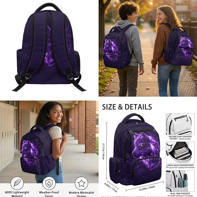 Wolf Backpack with Lunch Box Kids Cool Bookbag Set of 4 Lightweight 4th Grade Backpack for Boys Back to School Supplies with Front Pocket 17 inch School Bag Set for Boys 8