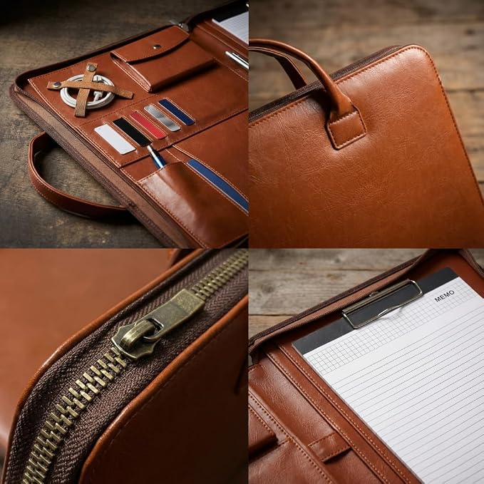 FUNTACY Leather Portfolio with Handles – Professional Business PU Leather Padfolio Organizer, Zippered Portfolio Binder for Documents, Resume, Notebook – Slim Leather File Folder for Men & Women