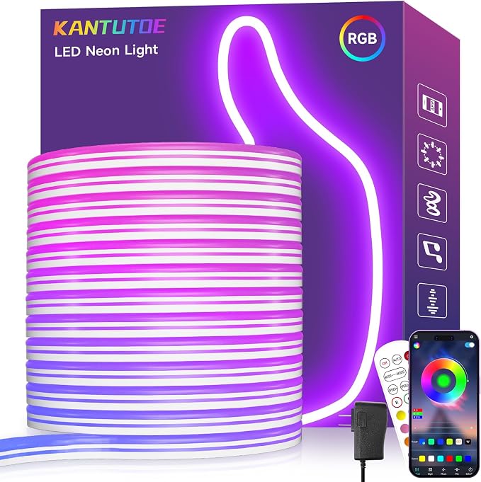 KANTUTOE LED Neon Rope Lights, 32.8ft RGB LED Light Strip, 24V Music Sync App/Remote Control DIY Rope Light, IP67 Waterproof Gaming Neon Strip Lights for Bedroom Indoor Oudoor Décor