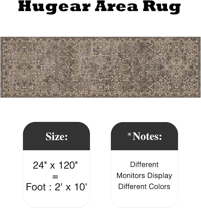 HUGEAR 2x10 Runner Rug Hallway Retro Brown Machine Washable Vintage Floral Low Pile Carpet Vacuumable Distressed Long Throw Rug Bedroom Office Bathroom Kitchen Laundry Non Slip Soft Lightweight