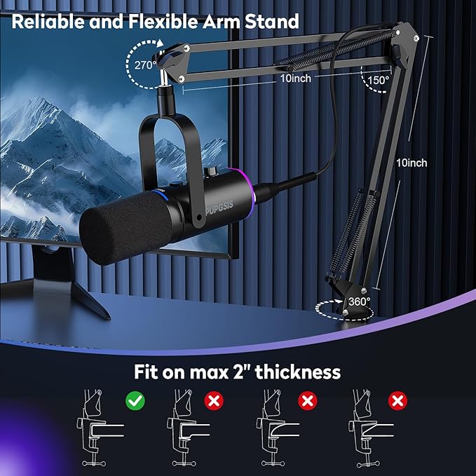 PUPGSIS XLR/USB Podcast Microphone, Gaming Mic with Mute Button, Reverb Effects, Noise Cancellation, Boom Arm Stand, Headphones Jack, Dynamic Microphone for Streaming/Recording/Gaming/Vocal-Black