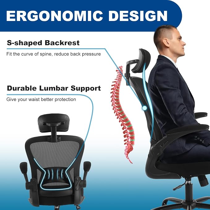 Youhauchair Adjustable Mesh Ergonomic Office Chair with Wheels, Black | Flip-up Arm, Lumbar Support, Height Adjustable, Breathable, Rocking, Mid Back Swivel Compurter Chair with Headrest, Set of 1