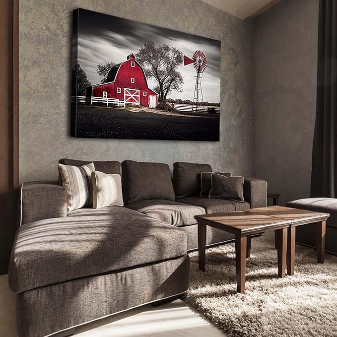 Country Barn Picture Wall Decor Rural Red Windmills Canvas Wall Art for Living Room Kitchen Retro Farmhouse Black and White Landscape Painting Rustic Western Posters Cabin Home Decorations 32x48"