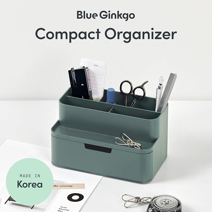BLUE GINKGO Compact Desk Organizer, Green, Made in Korea | 5 Compartments. Half Drawer. Space-Saving.