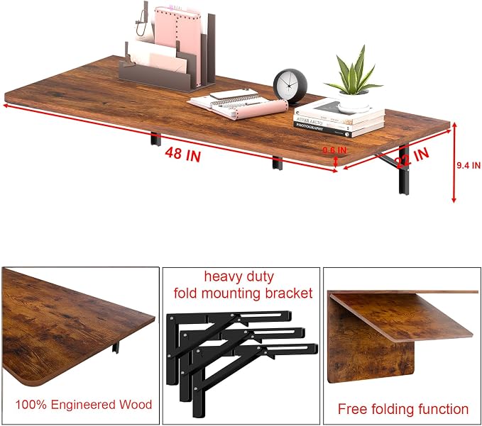 IAE 48" x 22" Floating Foldable Desk,Wall-Mounted Folding Computer Table with Engineered Wood,Study Table with Shelf Brackets,Fold Down Shelf,Fold Computer Desk for Small Spaces,Holds 500 lb,Rustic