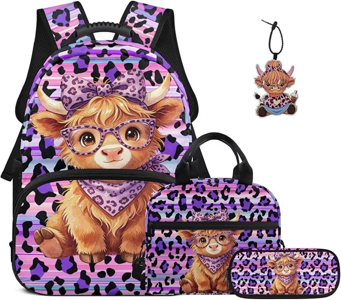 ZFRXIGN Highland Cow Girls Backpack for Elementary School Bookbag with Cute Pendant 4pc Backpack Set for Girls Cheetah Print Insulated Lunch Box Pencil Case Purple