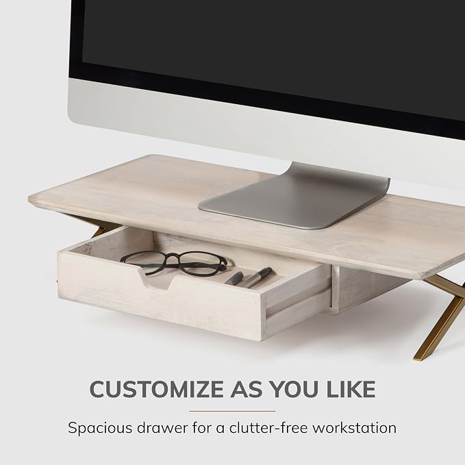 Anji Mountain Monitor Stand - Desktop Organizer & Laptop Riser, Ergonomic Monitor Riser, Space-Saving Monitor Stand for Desk, Durable Construction, Easy Assembly, Ideal for Home & Office,White Wash