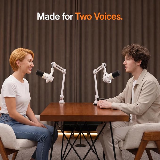 MAONO PD200W Hybrid Wireless Podcast Equipment Bundle for 2, XLR USB Dynamic Microphone Kit with 2 Desktop Stand, Software, Noise Cancellation, for Co-hosted, Podcasting, Content Creation,White
