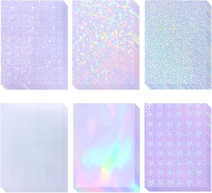 36 Sheets Holographic Laminate Sheets 8.5x11 inch 6 Patterns | Transparent Self Adhesive Holographic laminating Sheets, Clear Vinyl Waterproof Overlay for Sticker Paper, Photos, Crafts