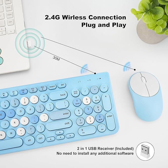 Wireless Keyboard and Mouse Combo, Retro Typewriter Keyboard with Round Keycaps, 2.4GHz USB Cute Wireless Keyboard Mouse for Computer, Desktop, Laptop (Blue Colorful)