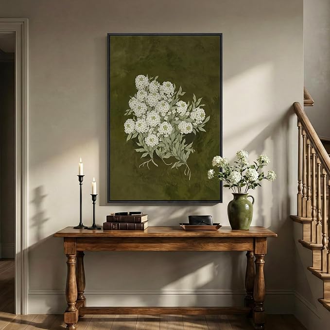 Large Framed Vintage Green Floral Wall Art, Vertical Modern Farmhouse Nature Olive Green Flower Canvas Painting Prints Artwork for Works, Retro Botanical for Living Room Bedroom Wall Decor, 24x36 In
