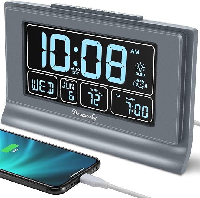 DreamSky Alarm Clocks for Bedrooms with Battery Backup, Auto Set | Digital Clock with Date & Day of Week, 5 Inch Large Display, Weekday, Temperature, USB Port, Auto DST, Brightness Dimmer