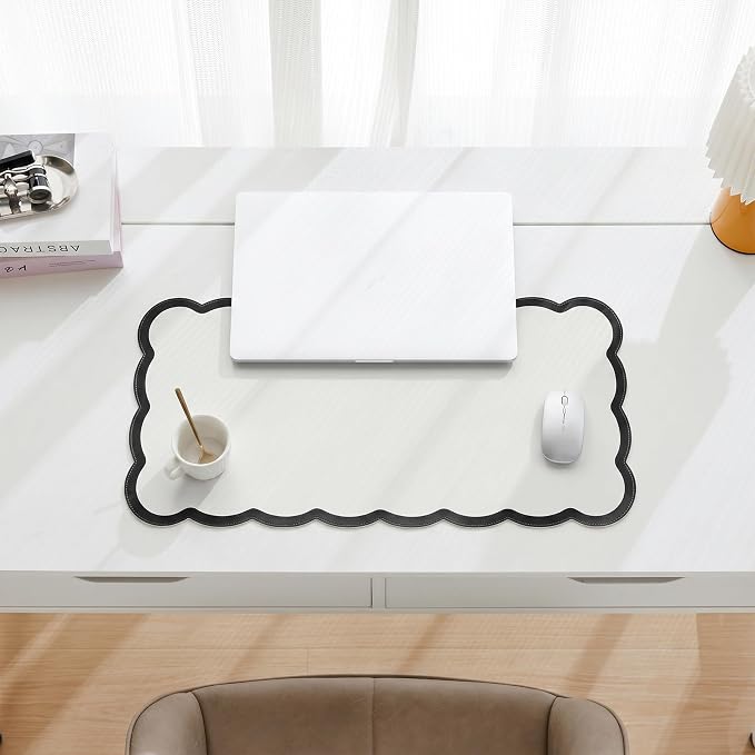 Scalloped Desk Mat, 23.6" x 11.8" Cute Small Aesthetic Desk Accessories, PU Leather Computer Laptop Desk Mouse Keyboard Pad, Desk Writing Mat for Vanity/Work/Home Decor Black