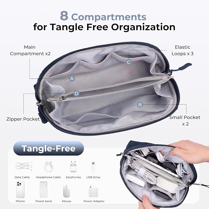 FYY Travel Cable Organizer - 8 Compartments Lightweight Water Resistant Tech Pouch with Wrist Strap, Portable Electronic Accessories Case for Cord Charger Storage for Travel Home Office Navy (Large)