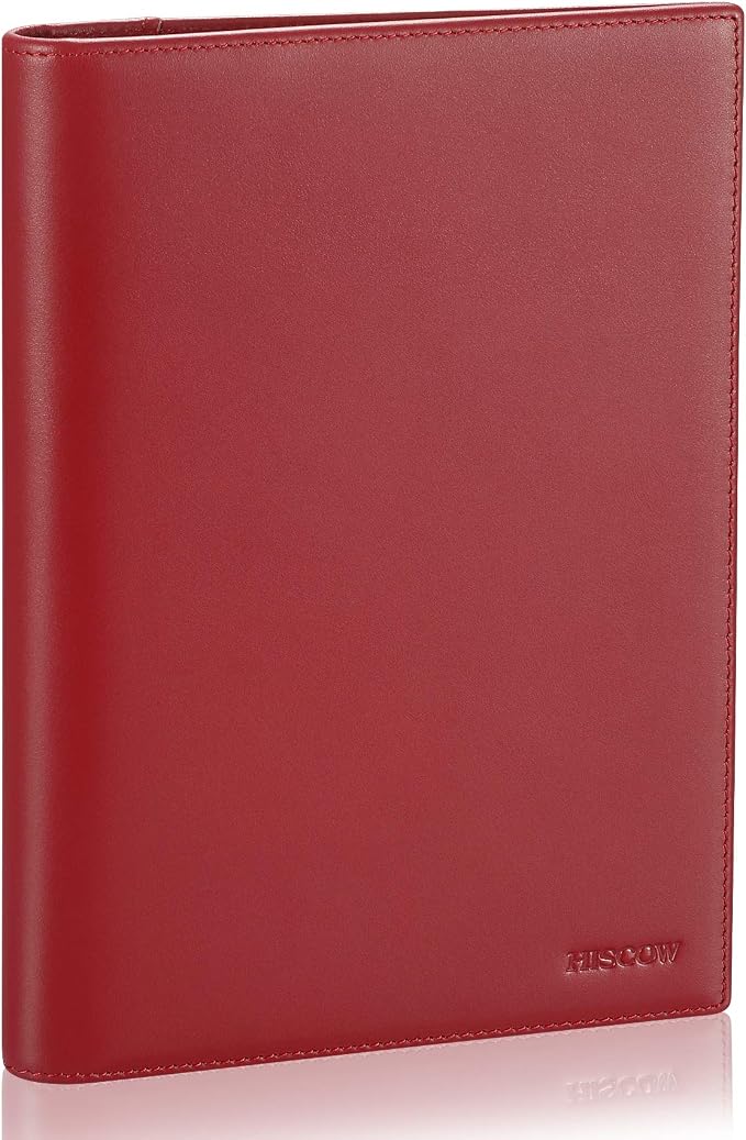 HISCOW Slim Leather Junior Padfolio, 5x8 Notepad Cover, Bordeaux | Italian full-grain cowhide, top-loading legal pad holder, rigid pen loop, quick-access card slot, zipperless boardroom design