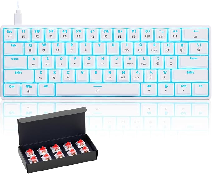 CHONCHOW 60% Mechanical Keyboard Gaming RGB Backlit with app Compact 61 Key Portable Mini Keyboard Blue MX Switch Compatible with Windows iMac Laptop PC Computer Office Gamer (White, red Switch)