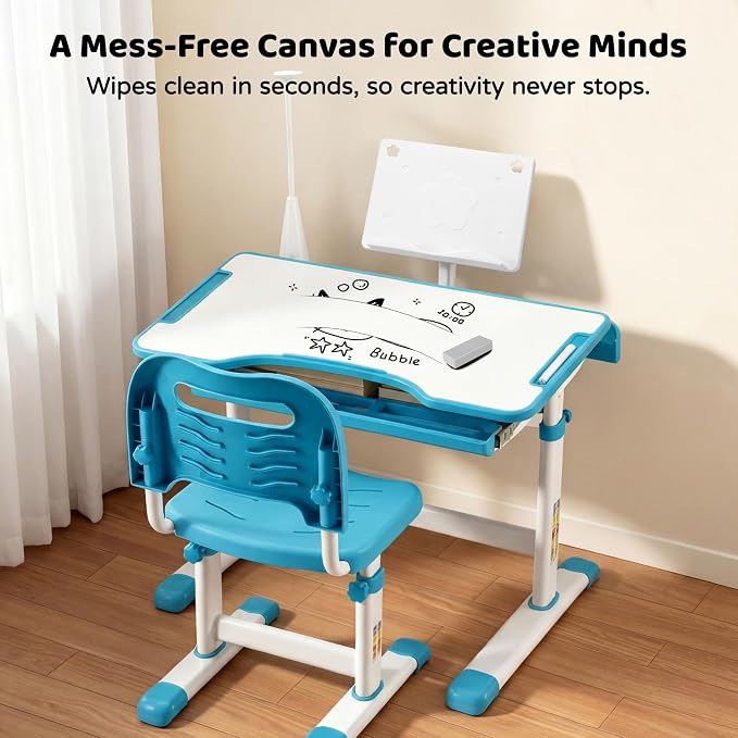 Diroan Kids Desk and Chair Set with LED Light, Height-Adjustable for Age 7+ | Ergonomic, Large 0‑45°desk, Sturdy steel frame, Storage drawer, Bookstand, Metal hook