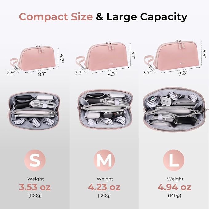 FYY Travel Cable Organizer - 8 Compartments Lightweight Water Resistant Tech Pouch with Wrist Strap, Portable Electronic Accessories Case for Cord Charger Storage for Travel Home Office, Pink (Small)