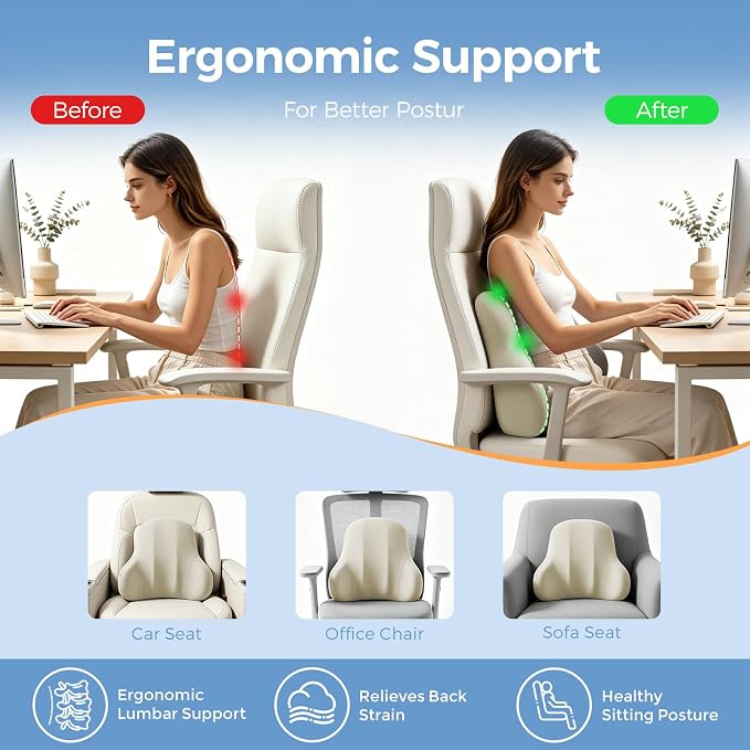 BABUR Ergonomic Memory Foam Lumbar Support Pillow for Car, Back Pain Relief | Ergonomic 100% Memory Foam, Back Pain Relief, Comfort Lower Back Support for Office Chairs, Car Seat, Wheelchair
