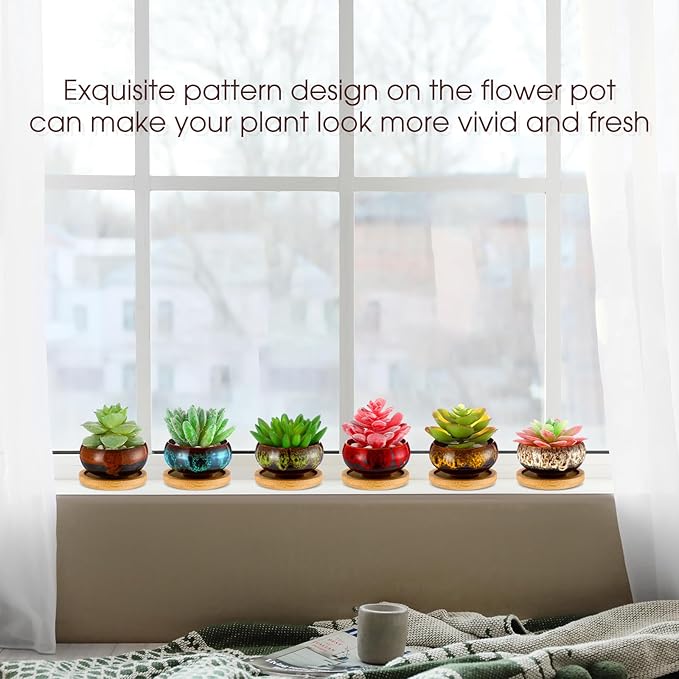 24 Pcs Ceramic Succulent Pots 2.5 Inch Small Plant Pots Indoor with Drainage and Bamboo Saucers Colorful Succulent Flower Planters for Garden Plants Home Decor(Round,1.2 Inch H)