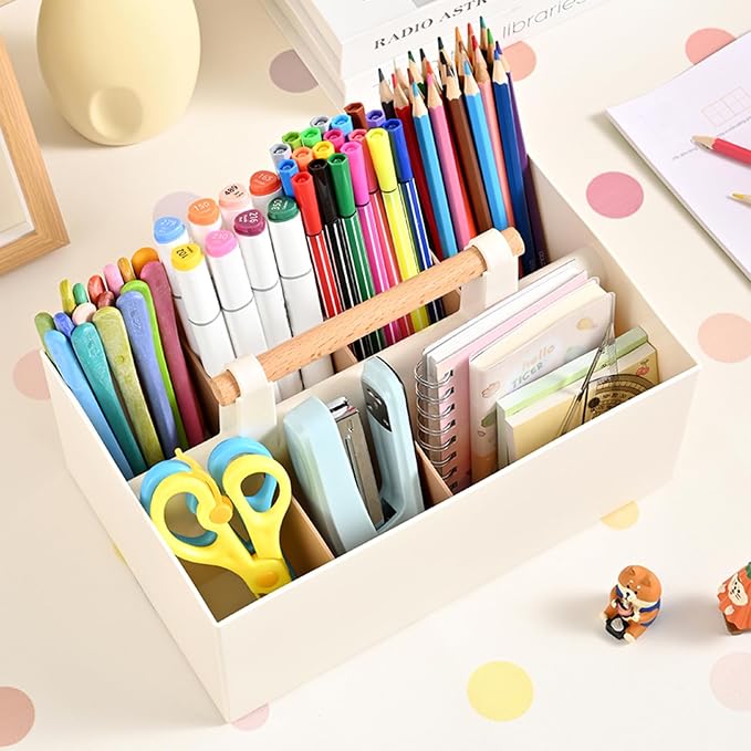 Buqoo Desk Organizer with 8 Compartments for Office Supplies | Plastic Makeup Organizer with Wooden Handle, Pen Holder for Desktop Storage, Desk Organization for Office Supplies (Coffee)