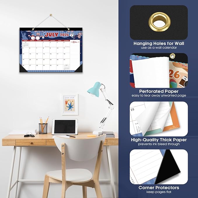 Desk Calendar 2026-2027, 18-Month Calendar Runs from July 2026 to December 2027, Large 17" x 12" Monthly Desktop & Wall Calendar for Home & Office - Watercolor Festival
