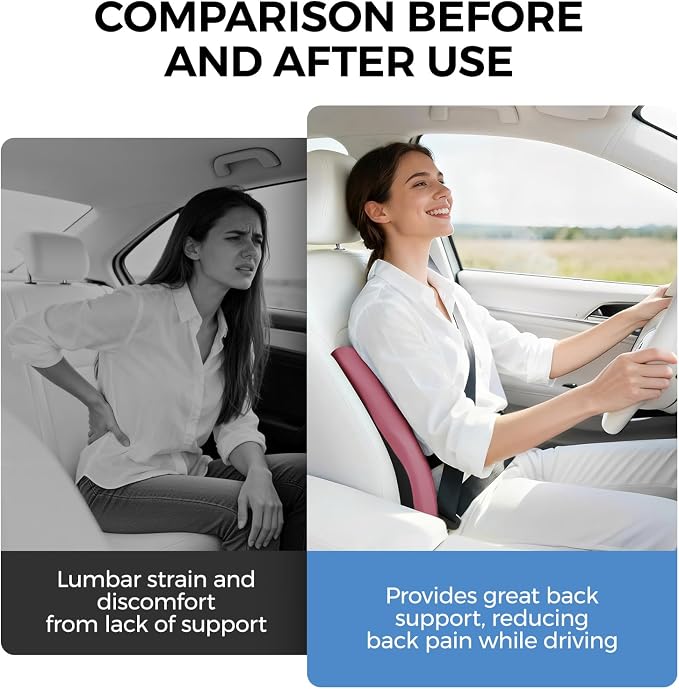 BEBAS Lumbar Support Pillow for Car, Memory Foam Back Cushion for Driving, Ergonomic Lumbar Pillow for Pain Relief, Comfort Lower Back Support for Office Chairs, Car Seat, Wheelchair -Red