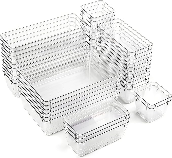 Clear Acrylic Drawer Organizer Trays, 5 Size Junk Box Organization Small Storage Container Bin for Desk Makeup Bathroom Vanity Kitchen Tool Make Up Workspace Home Dorm Apartment Office Room Nightstand