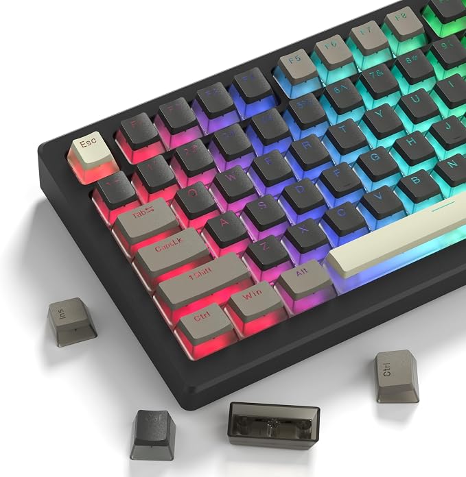 Womier PBT Shine Through Keycaps for Mechanical Keyboard, Pudding Keycaps 60% 75% 100% Keyboard 143 Keys, Custom Keycap Set OEM Profile for Gateron Cherry MX Switches,Grey Brown-Only Key caps