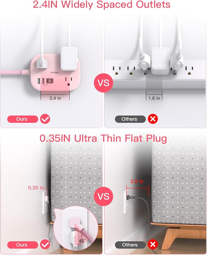 Cruise Essentials 2026,Travel Power Strip with USB C,Flat Plug Extension Cord with 3 Outlets 4 USB Ports(2 USB C),6 ft Desk Wall Outlet Extender,Non Surge Protector for Cruise,Dorm Room,ETL-Pink