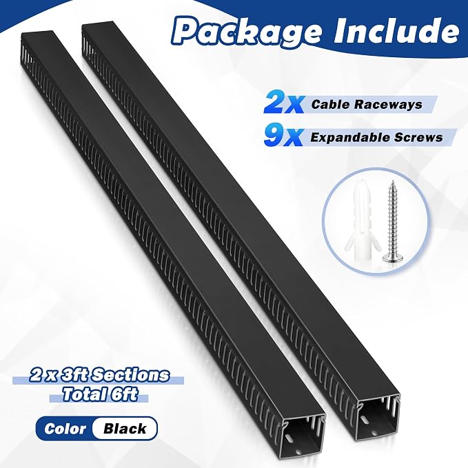 ZhiYo 2"H x 2"W Cable Raceway, 6ft Under Desk Wire Management Channel Black | Slotted Wire Duct, 2 Pack (3 ft Each), Heavy-Duty PVC Cable Management for Server Racks, Network Cables & Electrical Cabinets