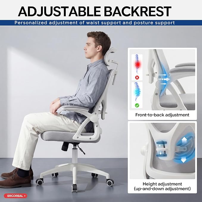 Ergonomic Office Chair–Mesh Computer Chair with Adjustable Lumbar Support, 2D Headrest, Foldable Armrests&Class 3 Gas Lift–Comfortable Home Office Desk Chair for Long Sitting,400 lbs (Gray)